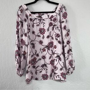 LOFT Floral Blouse Light Pink and Purple Square Neckline Size Large Romantic